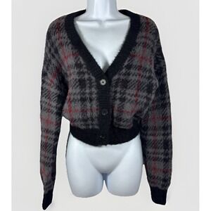 Social Collision Hot Topic Fuzzy Plaid Cropped Cardigan Sweater Sz L Y2K Altwear